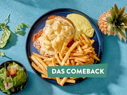 Schnitzel Hawaii mit Störer "Das Comeback"