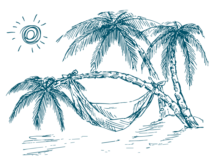 Eine blaue Skizze von Palmen am Meer mit einer Hängematte zum Sonnenuntergang.
