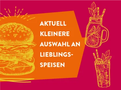 Eine Grafik mit einem Burger und Getränke und dem Text "Aktuelle kleinere Auswahl an Lieblingsspeisen"
