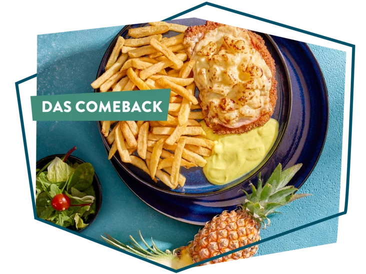 Schnitzel Hawaii mit Störer "Das Comeback" im bunten Rahmen