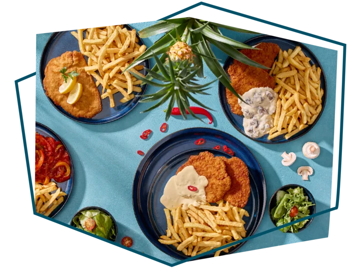 Draufsicht auf mehrere Schnitzel mit Beilagen aus dem Schnitzelurlaub.