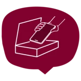 Rote Sprechblase mit einer Hand die ein Handy in eine Box legt.